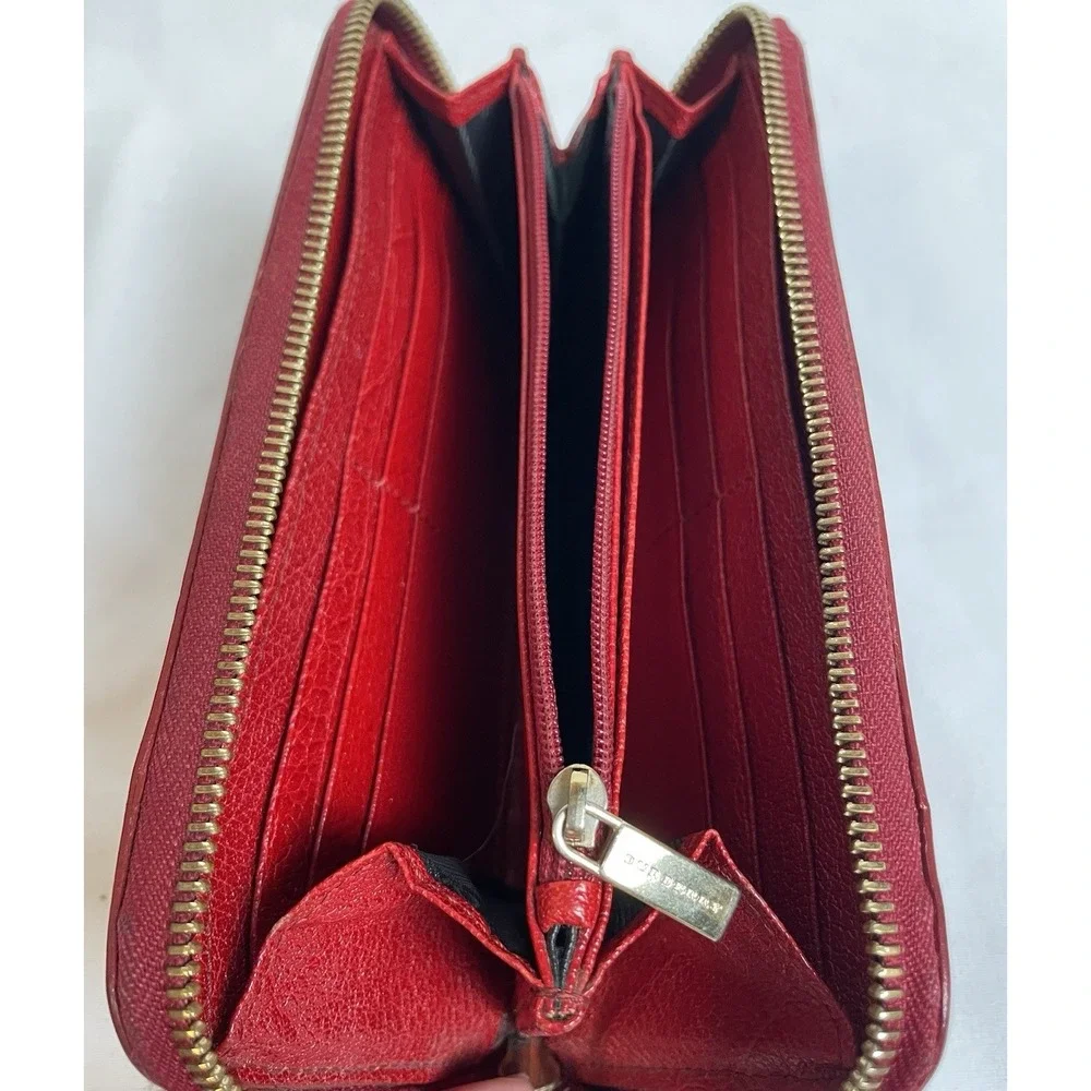 90s BURBERRY Leather Wallet Women's Zip Around Red Leather 7.5x3.75" - Picture 8 of 15